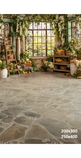 Tło fotograficzne „Rustykalne wnętrze ogrodowe z oknem, zielenią i cytrusami” | E694